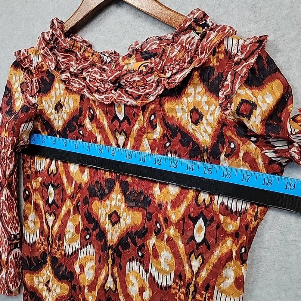 Tory Burch Silk Ikat Boho Blouse Size 6 Ruffle Peasant Flared Sleeve Layered Top